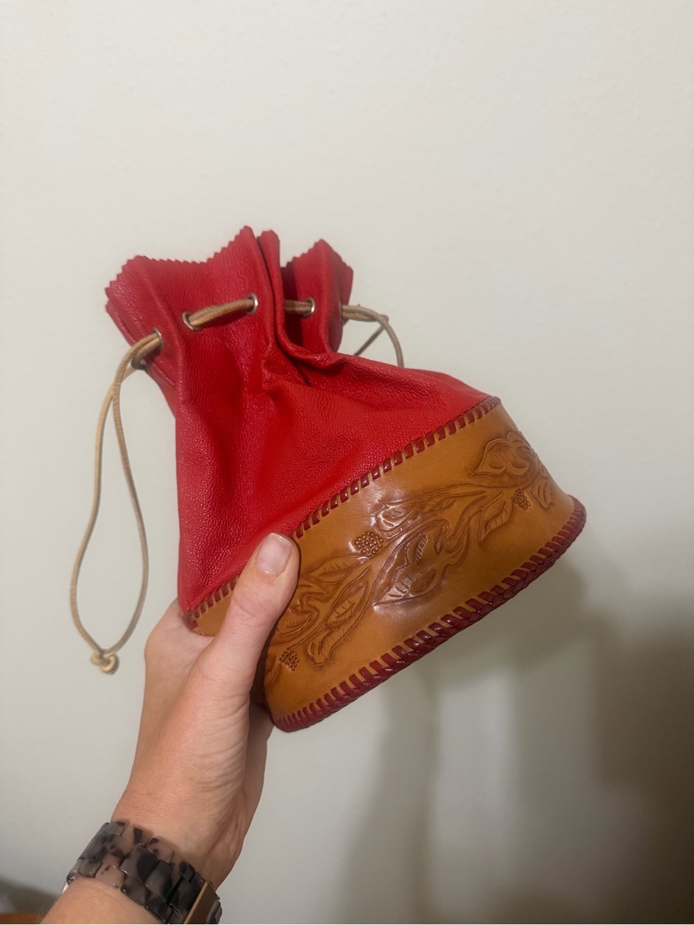 Vintage Double D Ranch Red Leather Drawstring Pouch with Tan Embossed Trim